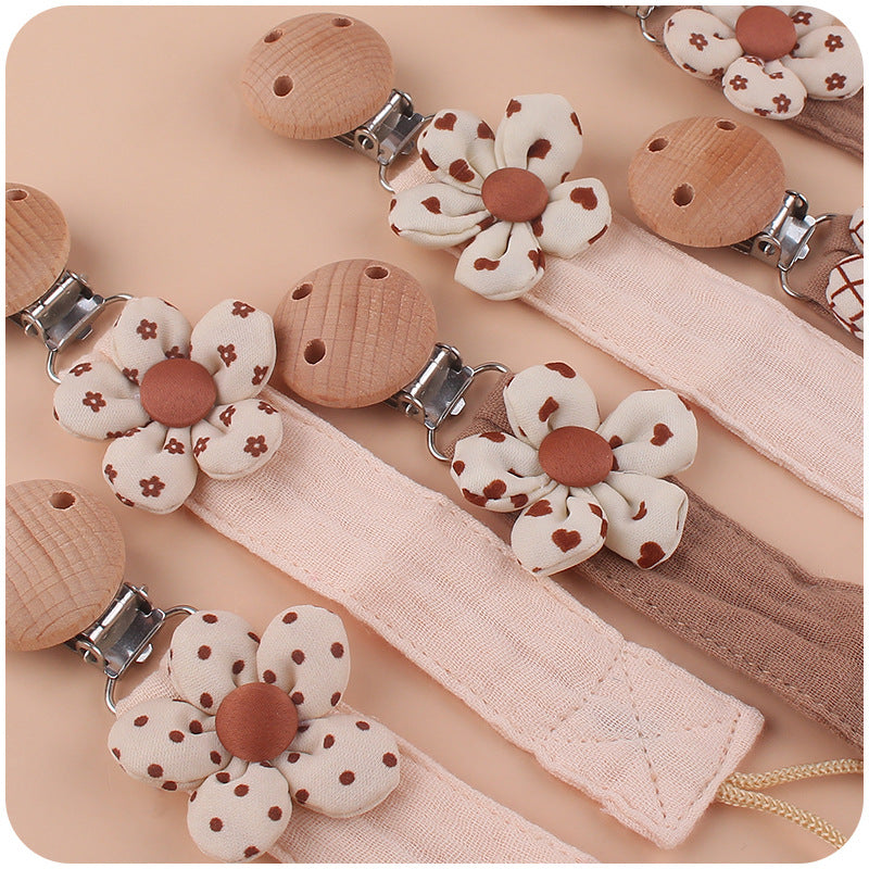 Wholesale 3PCS Cartoon Flowers Cotton Linen Strips Beech Wood Pacifier Clip